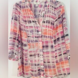 CJ Banks 1X Semi Sheer Abstract Plaid Blouse Pink Purple Coral Lightweight Top